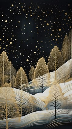 a painting of trees in the snow at night with bubbles coming out of the sky