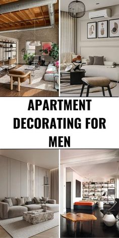 the apartment decor for men is shown in three different pictures, including couches and tables