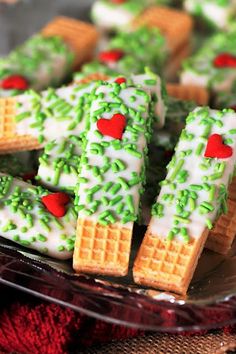 green and red decorated waffles with hearts on them