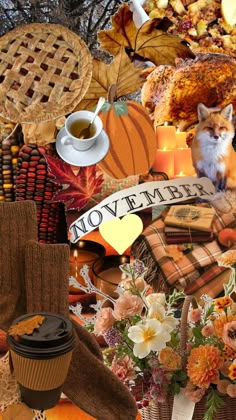 a collage of autumn items including coffee, flowers and leaves