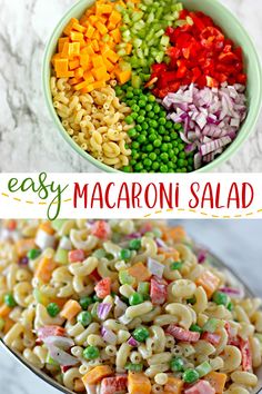 macaroni salad with peas, carrots, and other vegetables in a bowl