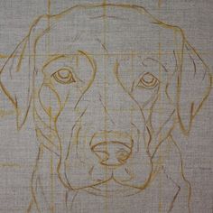 a drawing of a dog's face on a piece of paper with yellow lines