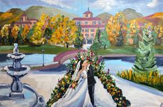 a painting of a bride and groom standing in front of a fountain with flowers on it