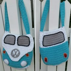 a crocheted purse with a blue bus on the front and back, hanging from a white picket fence