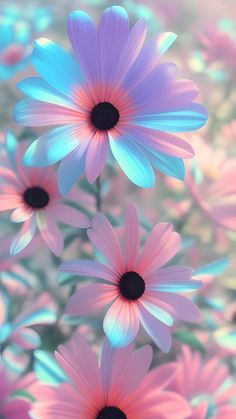 some pink and blue flowers are in the middle of blurry background with black centers