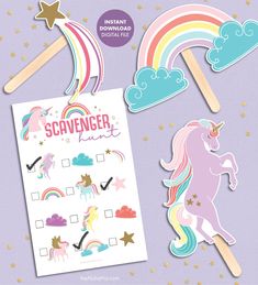 unicorn stickers with rainbows and stars on them, including the word scavenger fun