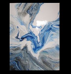 an abstract painting with blue, white and grey colors on it's canvases