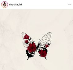 a butterfly with red flowers on it's wings is flying in the air over a white background