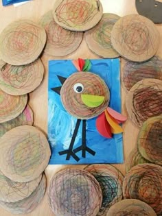 paper plates and crafting supplies are laid out on a table with turkeys in the center