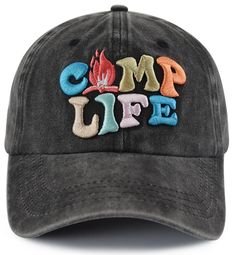 the camp life hat is made from washed black denim and features embroidered camp life letters