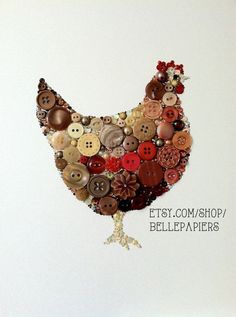 a chicken made out of buttons on a white wall