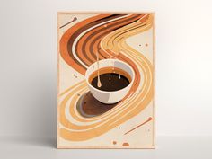 a cup of coffee is sitting in front of an orange and white swirl pattern on the wall