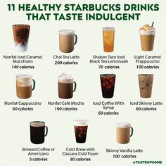 the 11 healthy starbucks drinks that taste indulgentity coffee latte, iced coffee, iced tea, and cappuccino