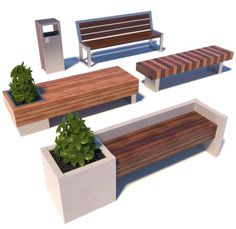 an assortment of benches and planters are arranged in the shape of a rectangle