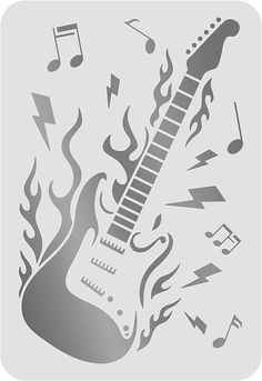 an electric guitar with flames and music notes