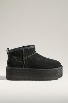 UGG Classic Ultra Mini Platform Boots | Anthropologie Mini Uggs Black, Suede Platform Boots, Uggs Black, Ugg Tasman Slippers, Ugg Classic Ultra Mini, Ugg Tasman, Ugg Classic Mini, Boots Ugg, Black Platform Boots