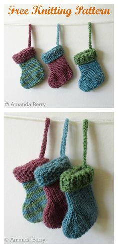 three crocheted stockings hanging on a line with the words, free knitting pattern