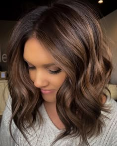 Winter Brunette Hair Color Short, Lowlights Underneath Hair, Blonde To Medium Brown Hair, Fall 2023 Hair Color Trends Straight Hair, Melted Brunette Balayage, How To Cover Greys On Dark Hair, Toffee Cream Hair Color, Curled Lob Hairstyle, Spring Hair Color Trends For Brunettes