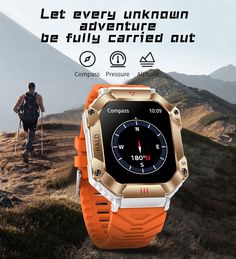 an orange and white smart watch on top of a mountain with the caption let every unknown be fully carried out