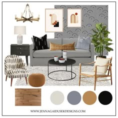 a living room with gray couches, black and white chairs, gold accents on the walls