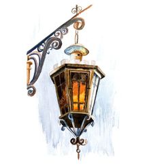 a watercolor painting of a street light on the side of a building with an iron rod