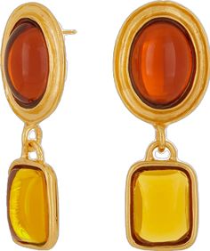 Gold Cabochon Drop Earrings, Luxury Amber Jewelry With Matching Earrings, Elegant Orange Glass Jewelry, Luxury Amber Drop Earrings, Gold Cabochon Dangle Earrings, Gold Dangle Earrings With Cabochon, Elegant Orange Resin Jewelry, Modern Gold Glass Earrings, Formal Gold Lucite Jewelry