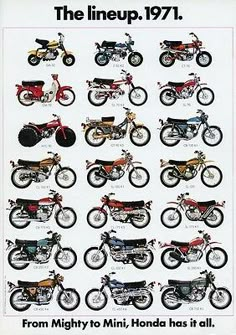 an advertisement for motorcycles from the 1950's and early 1960s's, with images of mopeds