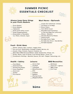 the summer picnic essentials checklist is shown in yellow and white, with an orange border