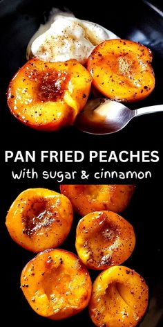 pan fried peaches with sugar and cinnamon in a skillet, ready to be eaten