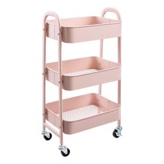 a pink three tiered trolley with wheels and baskets on the bottom, in front of a white background