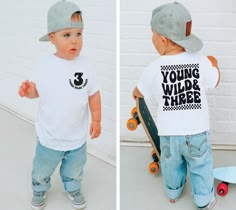 two photos of a toddler boy wearing a young wild three t - shirt and holding a skateboard