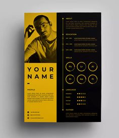 a yellow and black resume template with an image on the front, side and back