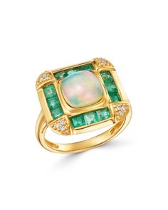 Bloomingdale's Opal, Emerald & Diamond Statement Ring in 14K Yellow Gold - 100% Exclusive Luxury Yellow Gold Opal Ring With Brilliant Cut, Luxury 14k Stamped Opal Ring For Formal Occasions, Gemstone Rings Unique, Emerald Green Inspiration, Baguette Diamond Wedding Band, Unique Opal, Statement Rings Diamond, Yellow Gold Diamond Ring, Cabochon Ring