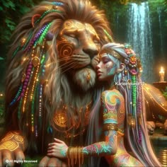 a painting of a woman and a lion in front of a waterfall with lights on it