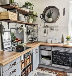 a kitchen with wooden counters and shelves filled with potted plants