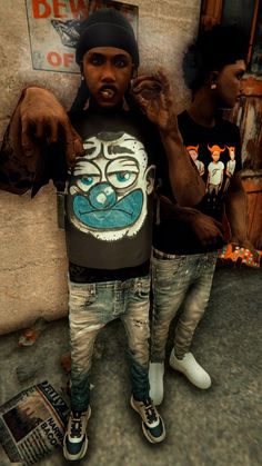 two young men standing next to each other in front of a wall with graffiti on it