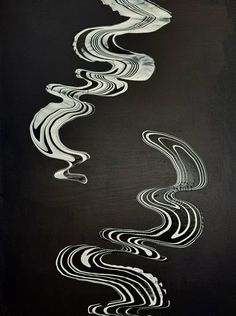 an abstract black and white painting with wavy lines