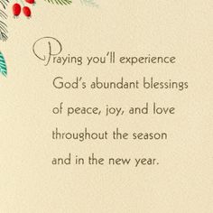 a christmas card with the words praying you'll experience god's abundant blessings of peace, joy and love throughout the season and in the new year