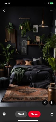 an image of a bedroom with plants on the wall and in the background, there is a bed