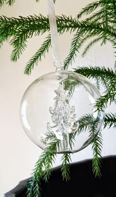 a glass ornament hanging from a tree branch