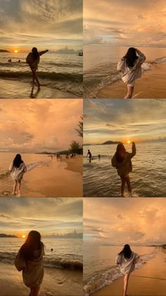 multiple shots of a woman walking on the beach at sunset