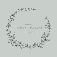 the floral wreath is drawn in black and white on a light gray background with text