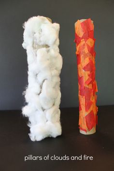 two different types of clouds and fire made out of toilet paper, with the words pillars of clouds and fire written below