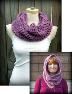 a woman wearing a purple knitted cowl