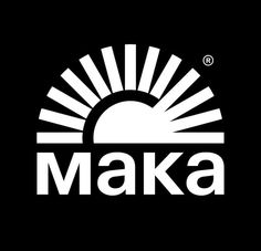 the maka logo is shown on a black background with white letters and sunbursts