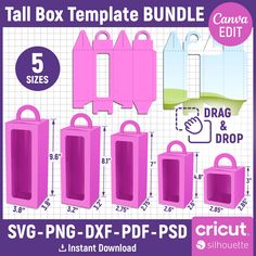 the svg box template bundle includes pink paper bags, and instructions to make it