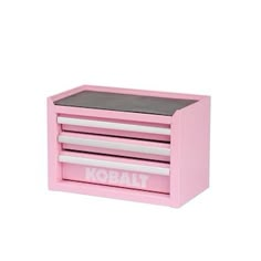 a pink kobalt toy chest with four drawers and chalkboard on the top