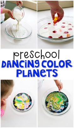 this is a collage of photos showing how to use colored paints on paper plates