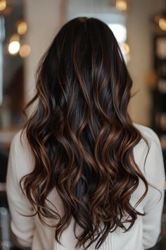 Long wavy hair with dark brown and copper highlights. Highlights For Asian Hair Black, Dark Brown With Black Highlights, Black Hair With Honey Brown Highlights, Streaks On Black Hair, Burnett Highlights, Black Hair With Streaks, Dark Caramel Balayage Brunettes, Black And Brown Balayage, Cool Brown Highlights