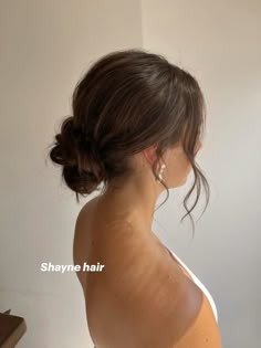 Simple Bridal Hair Ponytail, Bridal Low Bun Brunette, Low Formal Hairstyles, At Home Formal Hairstyles, Bridal Hair Simple Bun, Mid Length Brown Wedding Hair, Wispy Low Bun, Low Buns Wedding Hair, Wedding Hair Low Messy Bun